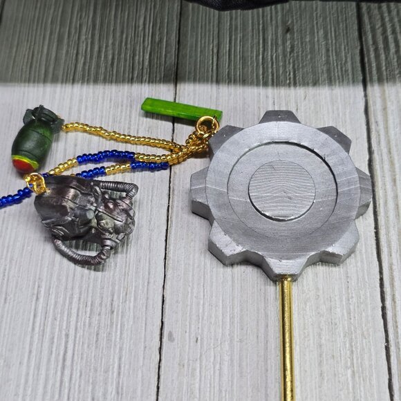 Handmade Fallout Vault Inspired Hair Stick Helmet, Mini Nuke, and +2 Rad Charms - Picture 8 of 14